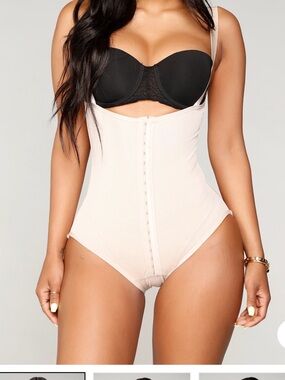 High-Waist Nude Shaping Bodysuit with Front Hook Closure
